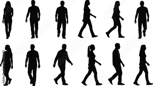 Walking people silhouette collection, motion posture vector, male female stride icons, cad drawing flat vector illustration, black graphic design