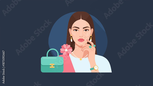 An elegant woman with long hair, wearing jewelry, holding a mint green handbag, against a dark background