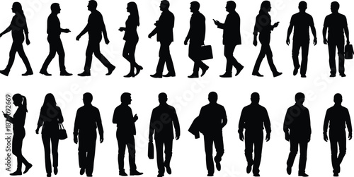 Walking people silhouettes, men women pedestrians in motion, business casual commuters poses, urban lifestyle crowd, black vector illustration isolated set