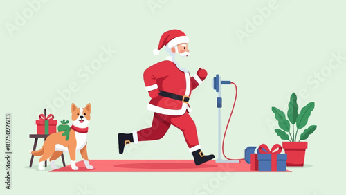 Cartoon figure resembling Santa running on treadmill with dog, gifts, and plant in a festive scene