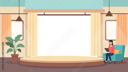 An empty presentation stage with a large blank screen, a potted plant, and a woman reading on an armchair