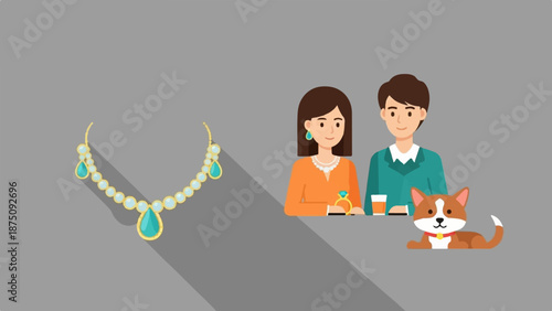 Cartoon illustration a couple, their dog, a pearl and turquoise necklace, and a woman holding a ring