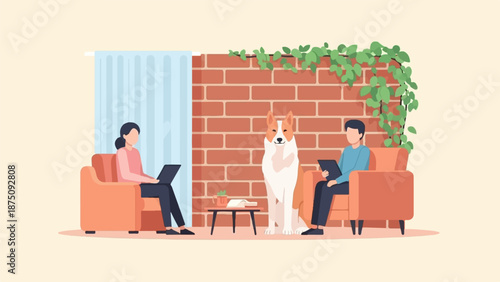 Flat illustration of two people relaxing with gadgets, a dog, and a book in a cozy room with a brick wall