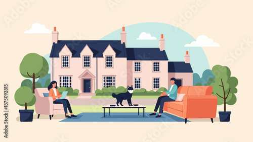 An illustrated family outside a large home, with a woman, man, and dog relaxing in the garden
