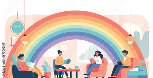 Cartoon people relaxing and reading books in a modern, cozy room with a large rainbow arch