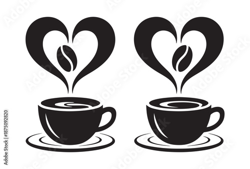 Pair of bold black coffee cup icons with large heart steam and coffee bean detail on white surface