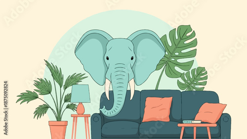 An illustrated elephant head emerges behind a couch with plants, lamp, and table