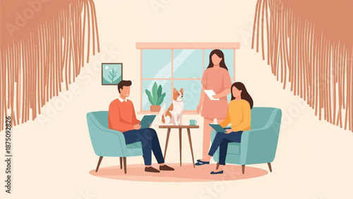 Cartoon of a family with a dog in a comfortable living room, engaging in quiet activities