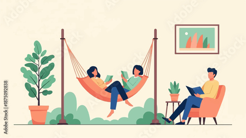 Flat illustration Three people reading books, two in a hammock, one in an armchair, surrounded by plants