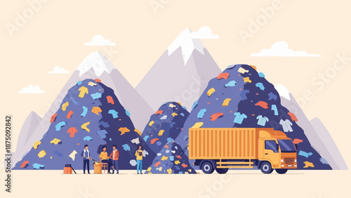 Flat illustration showing mountains of clothing waste, people sorting, and a truck for textile recycling