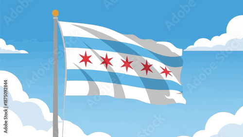 An illustrated flag with light blue stripes and red stars waves against a clear blue sky with white clouds
