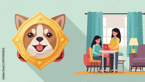 Cartoon Shiba Inu icon and two women using a laptop in a cozy room, flat illustration style