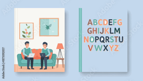 Flat illustration two men with laptops on couch, alongside a book displaying colorful alphabet letters