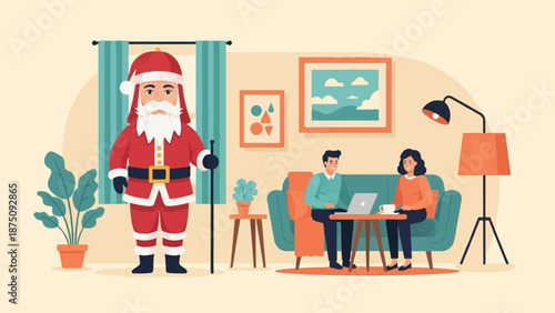 Cartoon Santa stands in a cozy living room with a couple on a sofa, one working on a laptop