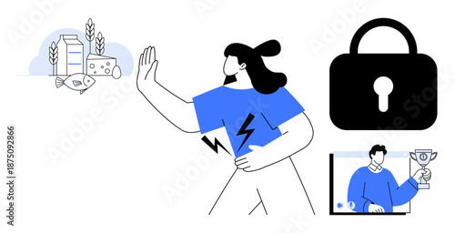 Woman avoiding allergens thumbs up dairy and fish, holding her side for health-related concerns. Visuals also include cybersecurity with lock and virtual video call with trophy winner. Ideal