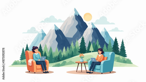 Cartoon women work on laptops in armchairs outdoors, with mountains, trees, and sun in the background