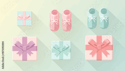 Flat lay of pastel baby gifts pink and blue knitted booties, and square gift boxes with bows