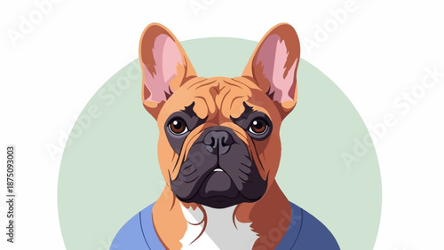 Front-facing fawn dog portrait illustration with big ears, wearing a blue shirt on a light green and white background