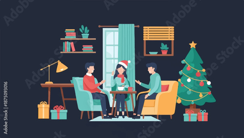 Friends gather in a cozy room with a Christmas tree and gifts, enjoying a holiday conversation
