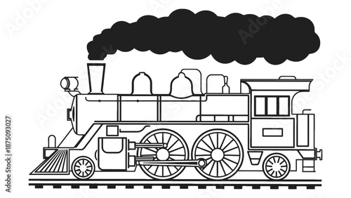 A black and white illustration of a vintage steam locomotive on tracks