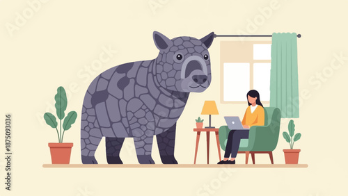 Giant textured animal observing a woman working on a laptop in a cozy living room with plants and a window