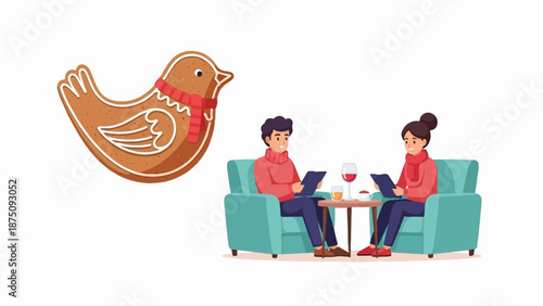 Gingerbread bird, scarf, and a couple relaxing in armchairs, reading and enjoying drinks