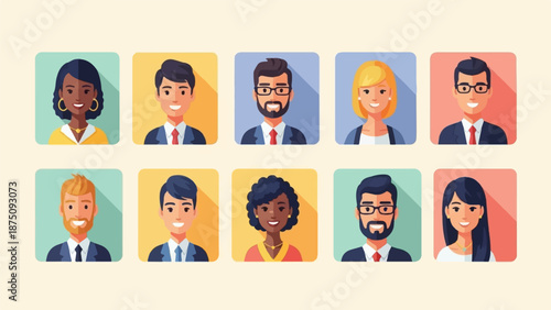Grid of ten diverse business people avatars, flat design with long shadows, minimal style