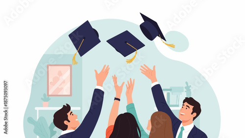 Group of diverse graduates joyfully throwing academic caps into the air, celebrating success and achievement