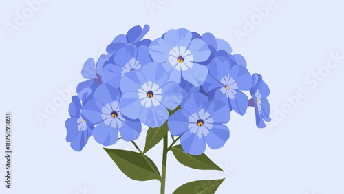 Close-up of a charming digital illustration featuring a cluster of blue blossoms and green leaves