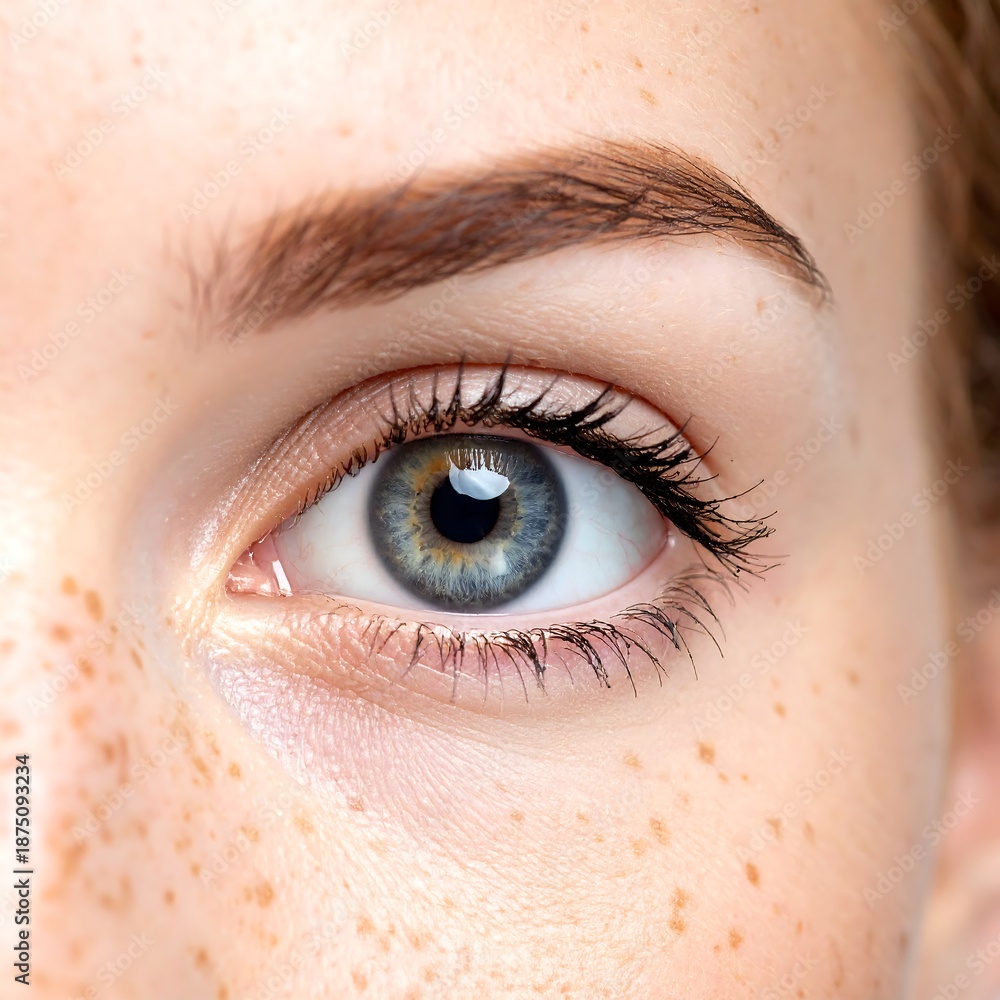 Fototapeta premium A close-up of a human eye with blue iris and freckles