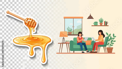 Honey dipper dripping on transparent background and two women on laptops in a cozy living room