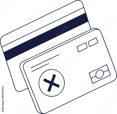 Declined Credit Card: A minimalist illustration of two credit cards, one marked with a clear symbol, representing transaction failures and payment denials.