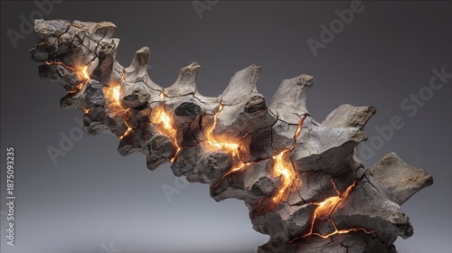 foremost. A sculptural representation of a human spine made of cracked stone with five points of intense pressure glowing warmly. wellbeing guides.