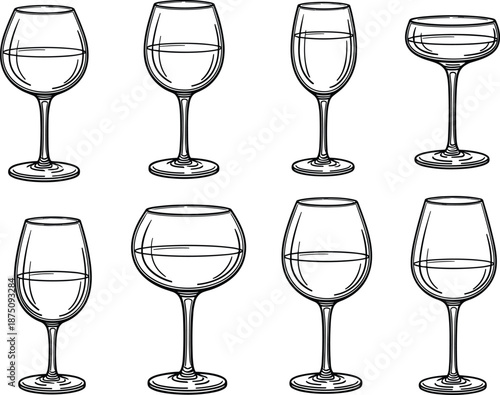 Wine glass silhouettes, elegant drinkware, black vector illustration, cocktail glass shapes, stemware collection, bar accessories, beverage icons, minimal design