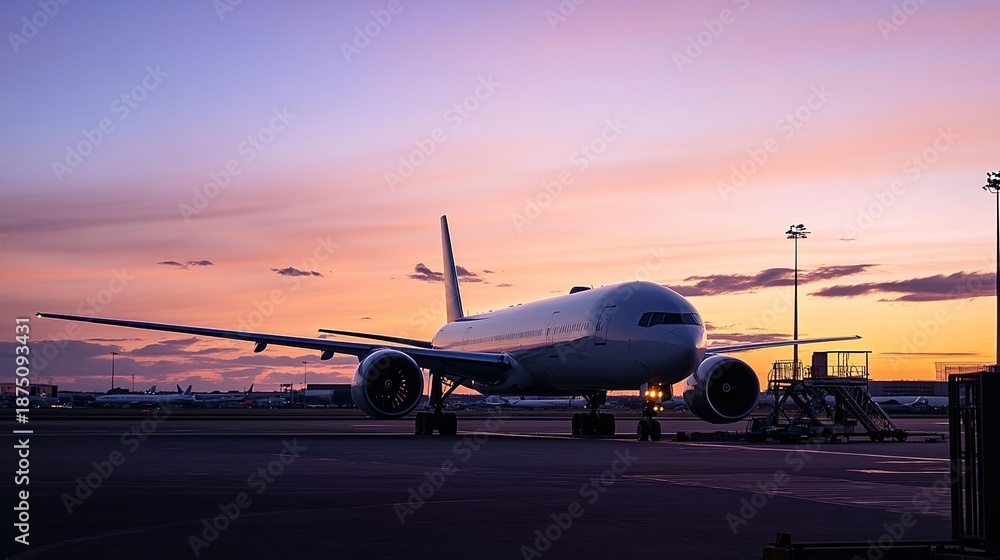 Fototapeta premium jetliner. Jetliner silhouette against a vibrant sunset sky, viewed from the tarmac with warm hues. inspiring travel planning, mobility guides, designed for mobility and urban transit guides.