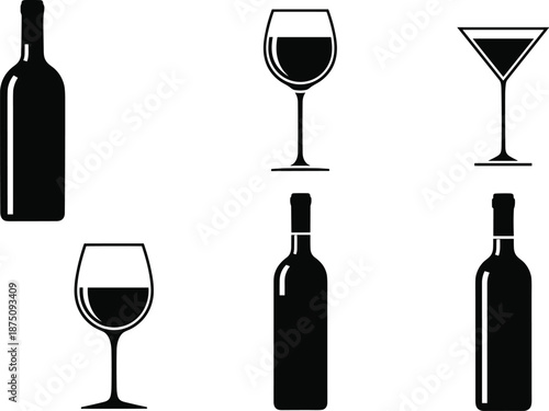 wine, bottle, glass, drink, alcohol, silhouette, vector, illustration, black, white, beverage, bar, party, cocktail, design, graphic, dining, celebration, stylish, elegant