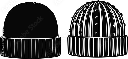 Winter beanie hats illustration, knitted headwear silhouettes, minimalist black white vector fashion accessories isolated on white background, graphic, design, set