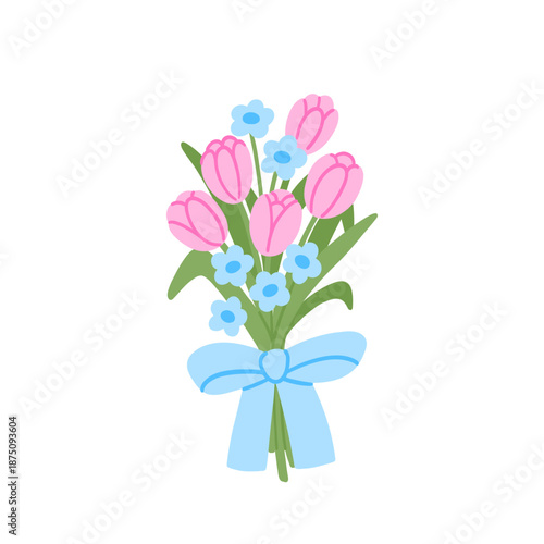 Spring or summer bouquet of tulips and cute small flowers decorated with blue ribbon bow. Beautiful floral bunch with fresh blooms, leaves