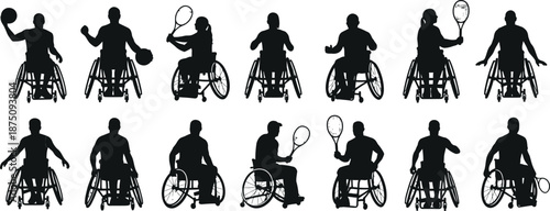 Silhouette illustrations of people in wheelchairs engaging in various sports and activities