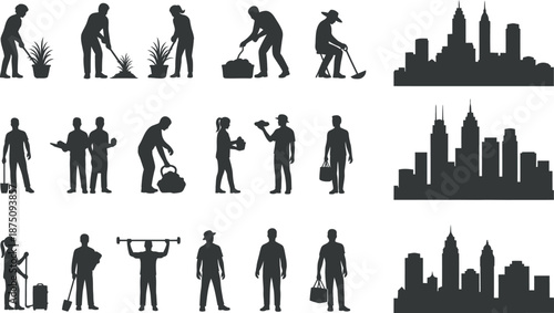 Silhouette illustrations of city workers and urban landscapes in black