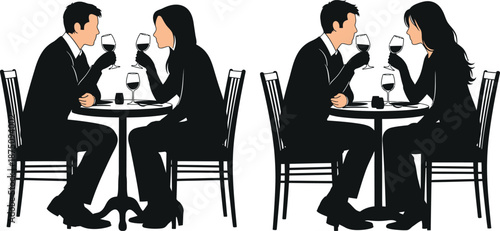 Illustration of two couples sitting at small tables in formal attire