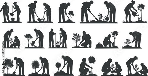 Silhouette illustrations of people engaged in various gardening activities and landscaping tasks