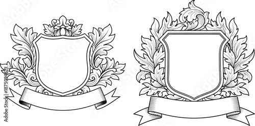 Two ornate heraldic shield crests with ribbon banners, decorative elements for heraldry emblem