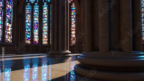 Wallpaper Mural Stained-glass light moves across a stone floor, creating a calm, meditative atmosphere. Torontodigital.ca