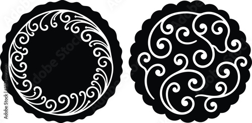 Two round medallions featuring elegant swirl patterns, perfect for stickers or crafting projects