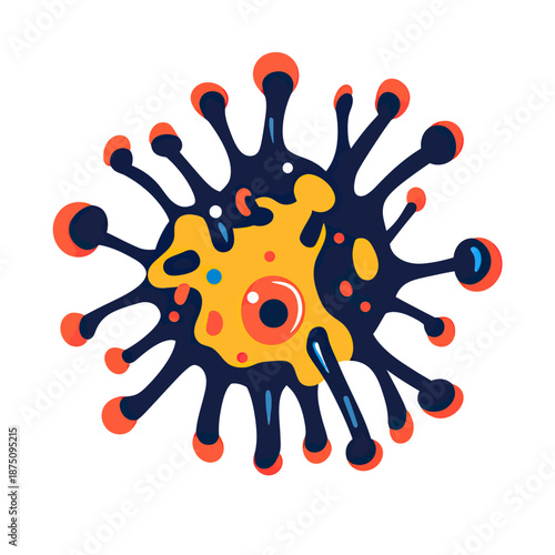 Colorful abstract virus particle with irregular shape and protruding spikes in flat minimalist vector style isolated on white background digital illustration