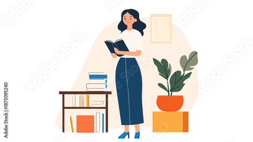 Young woman reading book near bookshelf and potted plant interior flat minimalist vector illustration of female student or teacher standing in room with casual clothing and long dark hair