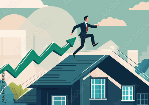 Businessman running upward on green rising arrow chart positioned on dark blue house roof symbolizing real estate market growth and property investment success concept flat vector illustration