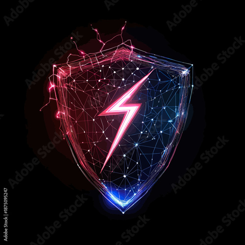 Futuristic digital shield with glowing lightning bolt and electric network connections in neon pink and blue on black background security concept illustration