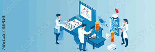 Isometric laboratory scientists analyzing data with microscope medical research equipment and digital charts in flat vector style